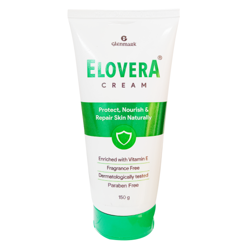 A tube of Elovera Cream by Glenmark, with packaging that includes the brand name, product name, and benefits such as protecting, nourishing, and repairing skin naturally. It also mentions being enriched with Vitamin E, being fragrance-free, and dermatologically tested.