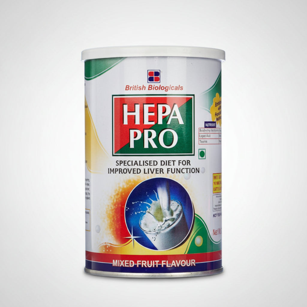 A container of HepaPro Powder with mixed fruit flavor, marketed as a specialized diet for improved liver function.