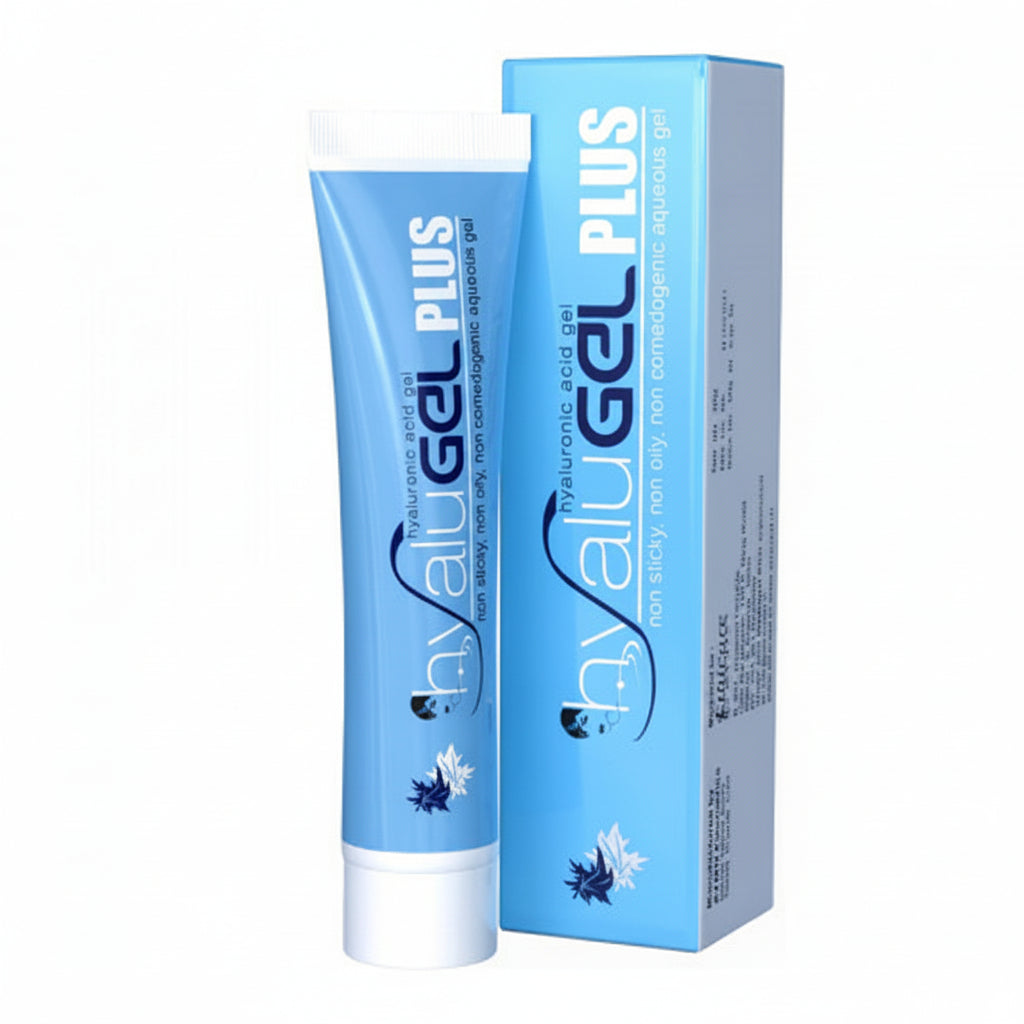 A tube of Hyalugel Plus Gel next to its packaging box.