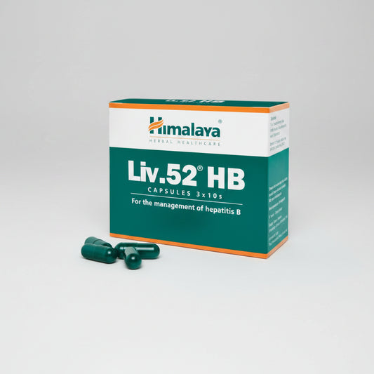 A box of Himalaya Liv 52 HB capsules, with a green and white color scheme, containing 10 capsules for liver health.