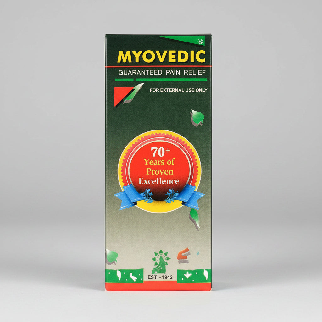 Packaging of Myovedic Guaranteed Pain Relief massage oil, 100ml with the claim of '70 Years of Proven Excellence' on the front. The box is predominantly green and white with red and black accents.