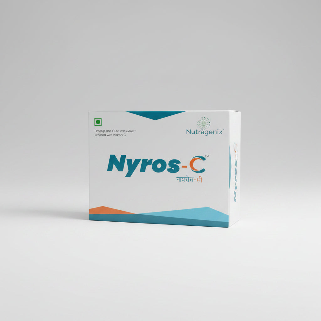 Packaging of Nyros-C capsules by Nutragenix, featuring the product name and images of rosehip and curcumin, indicating it is a dietary supplement for joint health.