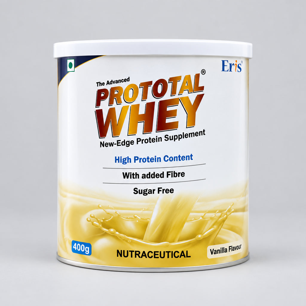 A container of Prototal Whey Powder Delicious Vanilla, 400 gm with branding and product information on the label.