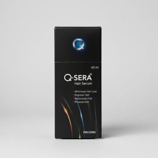 A box of Q-Sera Hair Serum, 60ml, with the product's benefits listed and the Q-Sera logo visible.