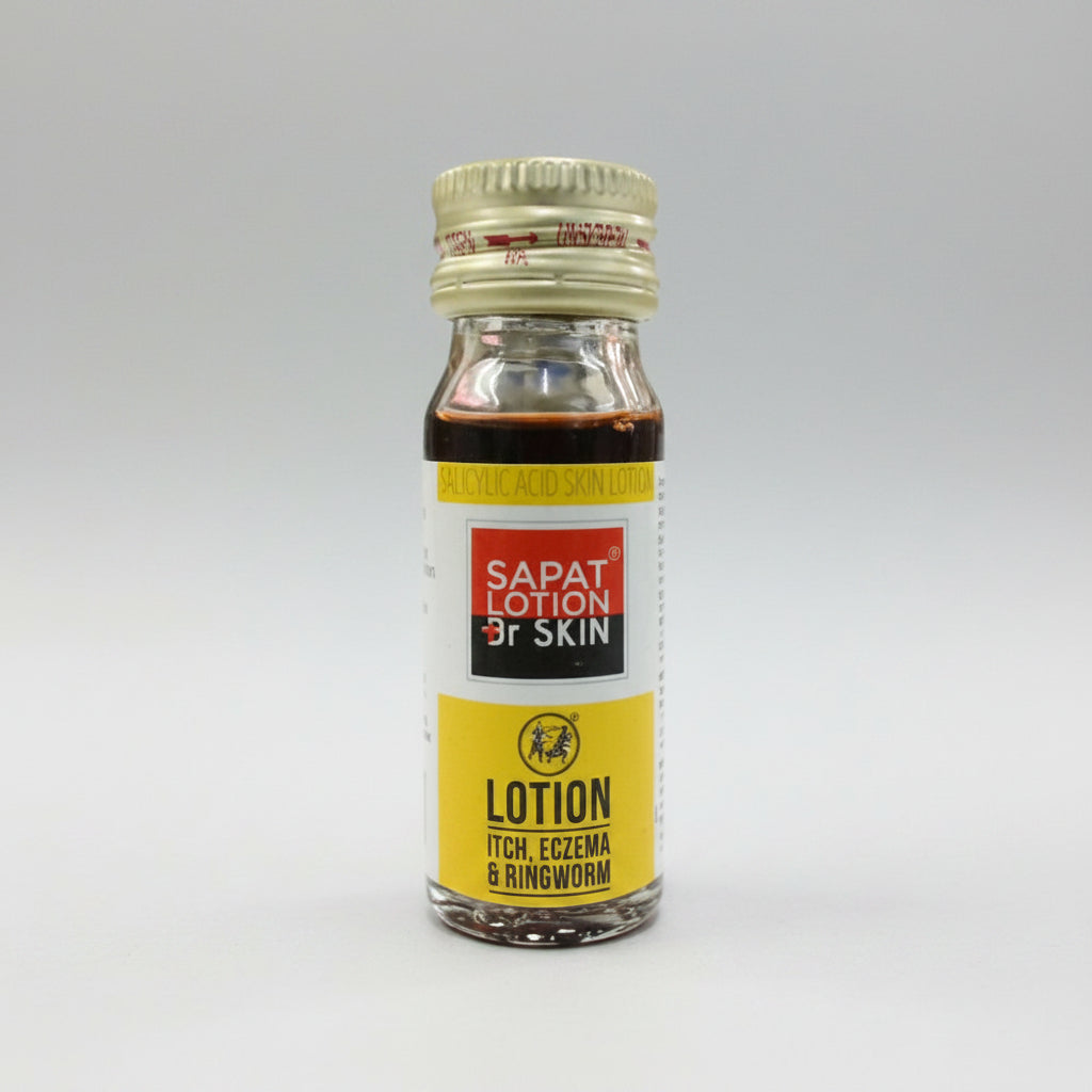 A bottle of Sapat Lotion Dr Skin, 24ml, with a label indicating it is a fungicidal skin lotion.