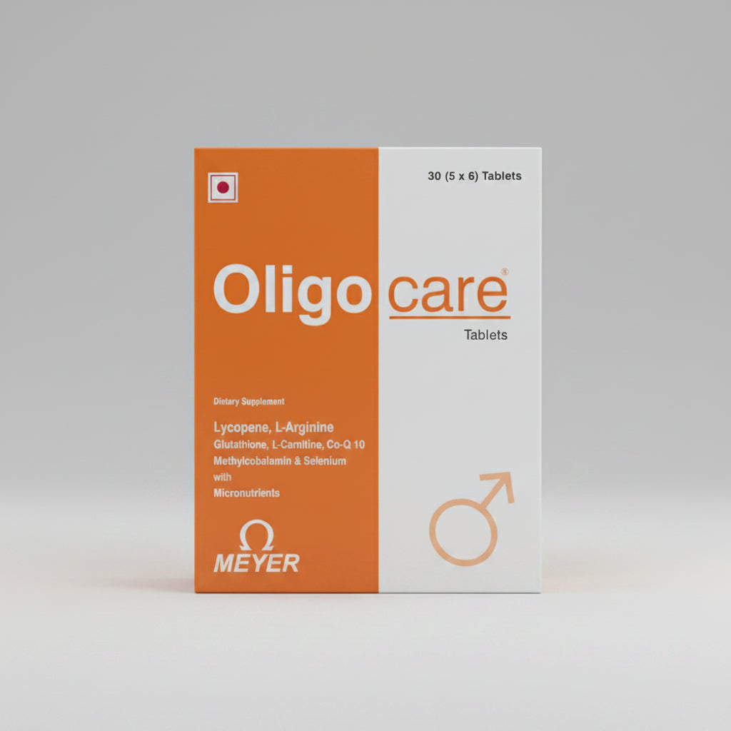 Packaging of Oligocare tablets with brand logo and product information including '30 (5 x 6) Tablets' and a male symbol indicating the product's use for male fertility.