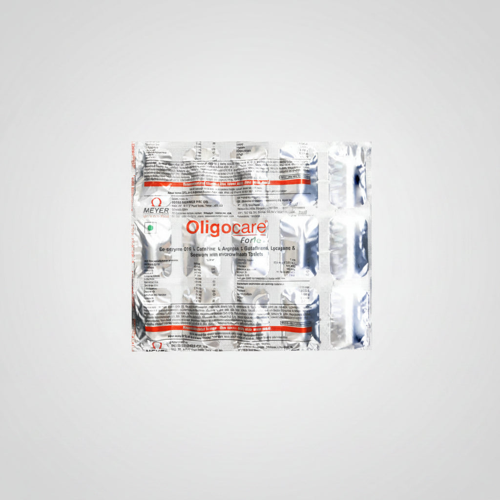 Packaging of Oligocare Forte, which contains 15 tablets, with branding and product information displayed.