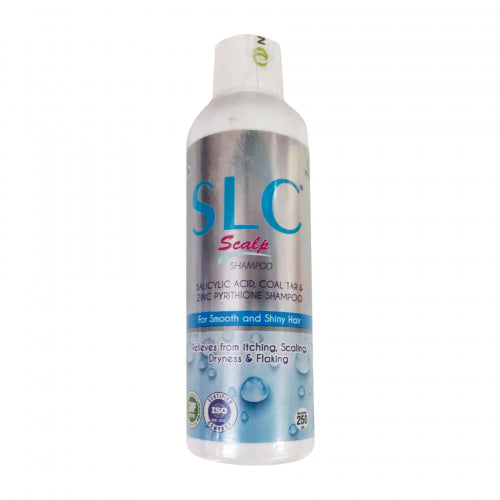 Bottle of SLC Scalp Shampoo, 250ml, with labeling that includes the product name and descriptions of the benefits for seeping and shiny hair.