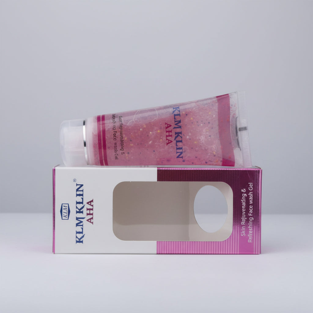 A tube of Klmklin AHA Gel in a white and pink packaging, indicating that it is a skincare product with aloe vera and vitamin E.