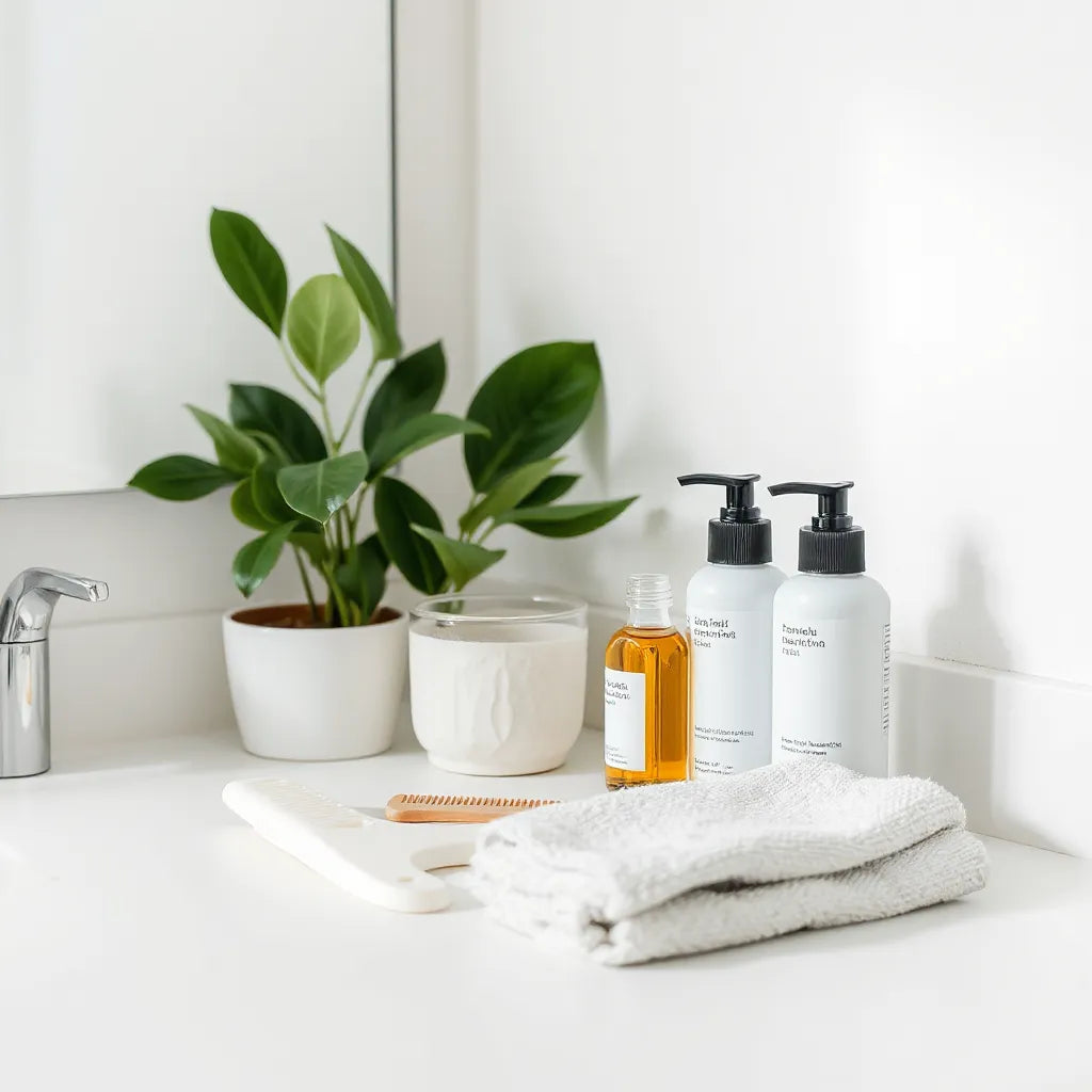 Neatly arranged hair care essentials on a bathroom counter with comb, towel, and bottles