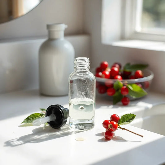 Glass anti-aging serum bottle with a dropper and a single drop on a clean vanity surface