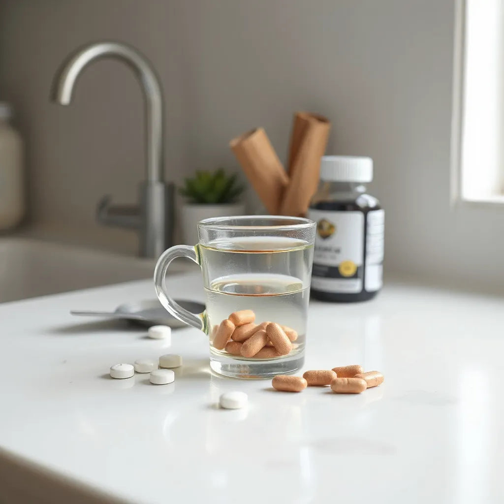 Lukewarm water in a glass with vitamin C and zinc tablets on a clean countertop