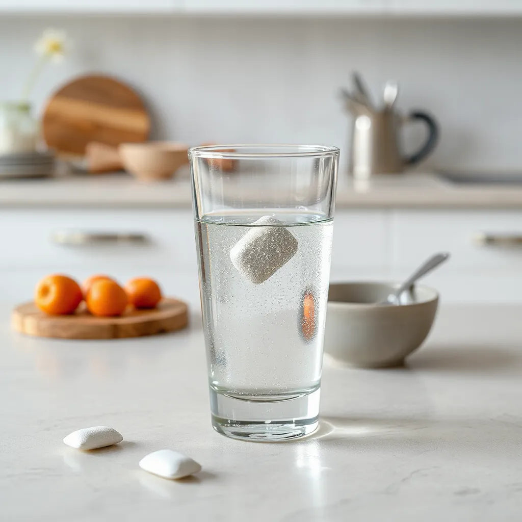 Glass of lukewarm water with an effervescent glutathione tablet fizzing gently on a clean countertop