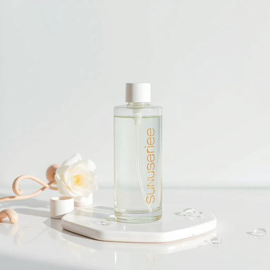 Hydrating sunscreen bottle on a clean surface with dewy water droplets and soft blue light