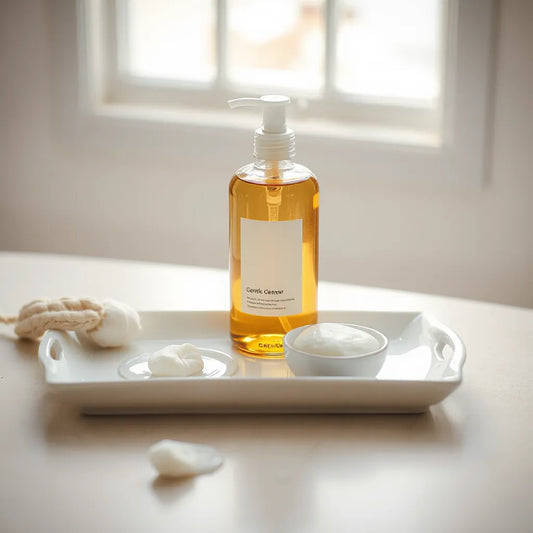 Minimal skincare setup with gentle cleanser bottle, soft foam, and cotton pads on a clean tray
