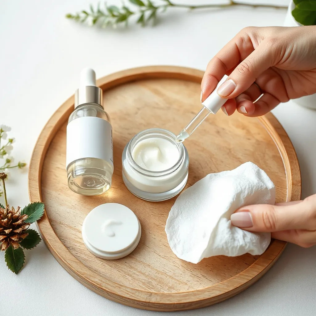 Moisturizer serum and cream on a clean tray with a hand applying a dewy skin layer