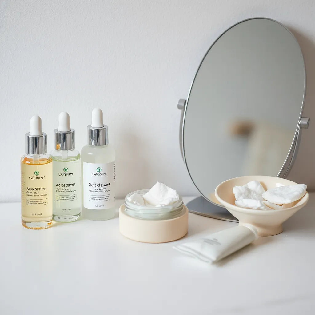 Assorted acne skincare products arranged on a clean vanity with cotton pads in soft daylight