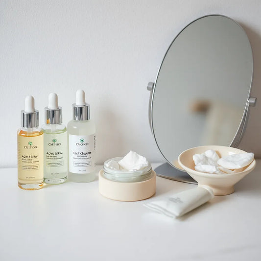 Assorted acne skincare products arranged on a clean vanity with cotton pads in soft daylight