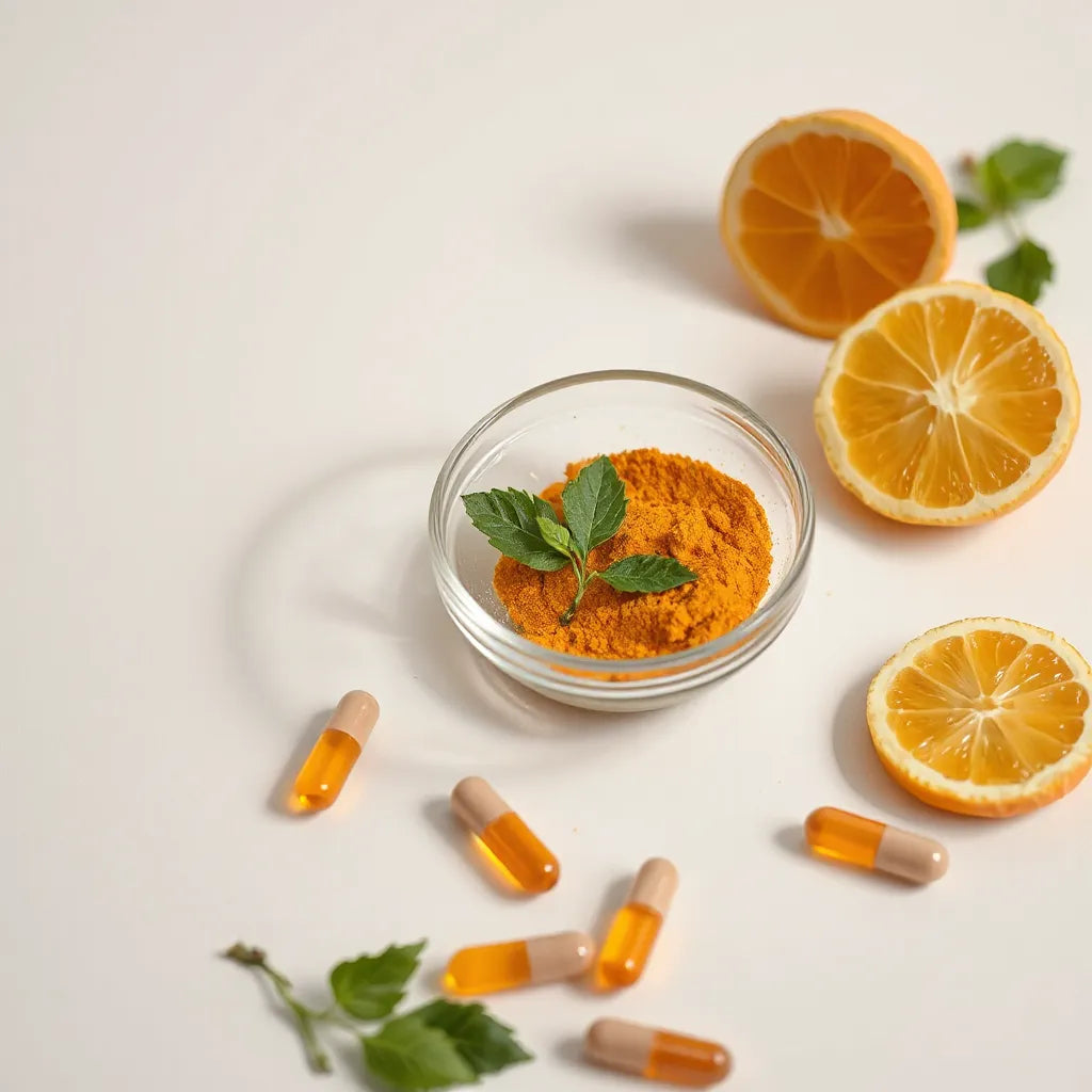 Capsules and natural ingredients arranged on a neutral background for a skincare supplement topic