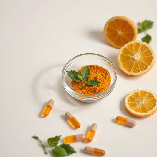 Capsules and natural ingredients arranged on a neutral background for a skincare supplement topic