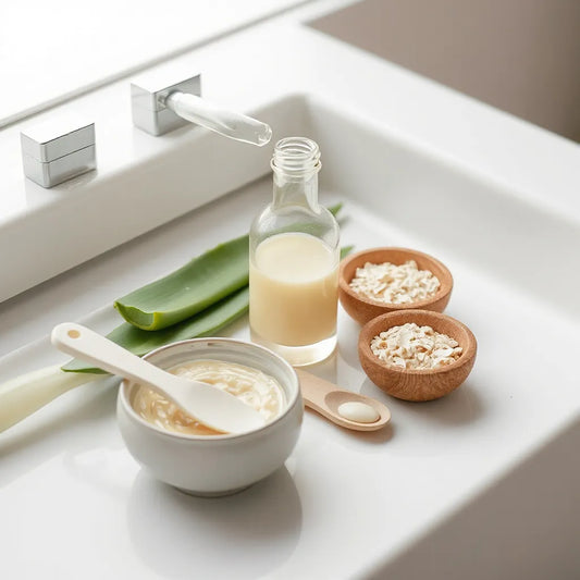 Skincare products and soothing natural ingredients on a clean white vanity for skin repair routine