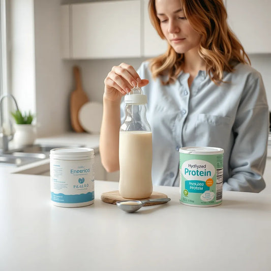 Caregiver preparing a baby bottle with hydrolyzed protein formula canister on a clean counter