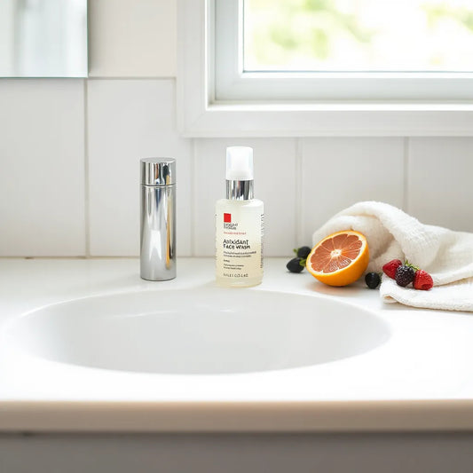Antioxidant face wash bottle on a clean vanity with soft natural light and skincare accents