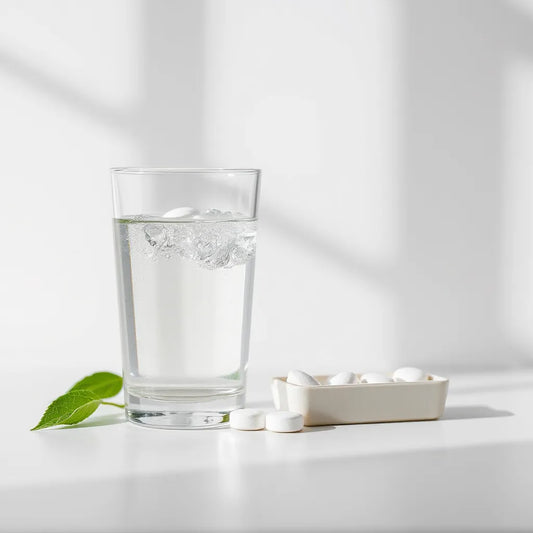 Lukewarm water with a dissolving glutathione effervescent tablet and rising bubbles in a glass