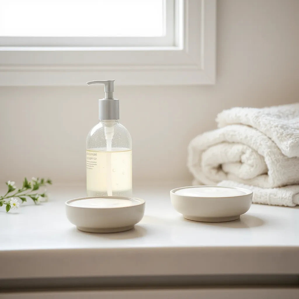 Hydrating cleansing lotion in a pump bottle with creamy texture on a clean countertop