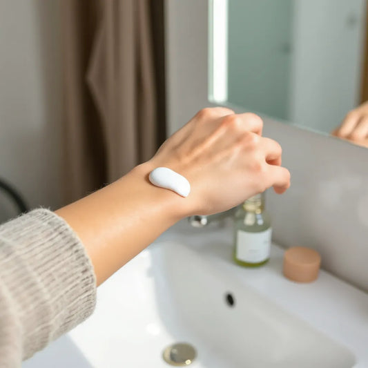 Person applying a lightweight sunscreen lotion to forearm skin in natural daylight with minimal skincare items nearby