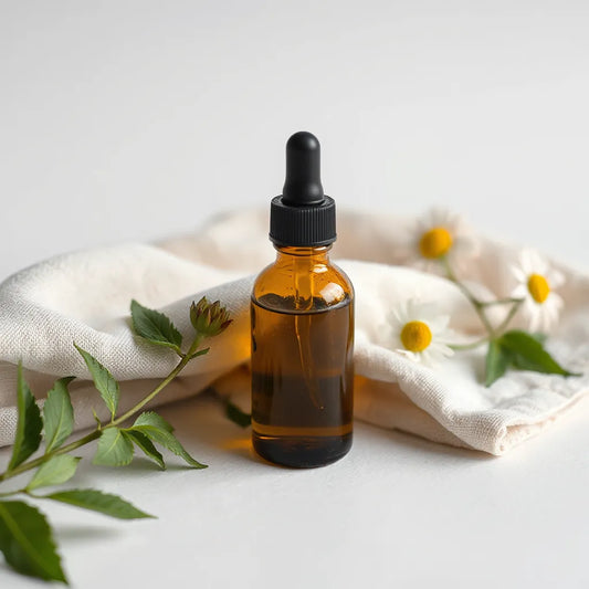 Glass bottle of herbal oil with dropper beside soft cloth and chamomile leaves for soothing skin allergy care