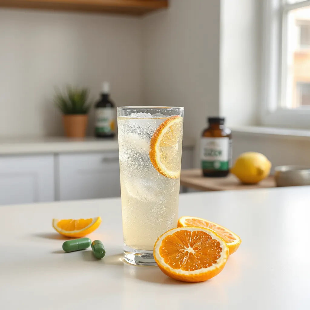 Clear glass of effervescent vitamin C drink with gentle bubbles, citrus slices, and soft-focus zinc supplement items