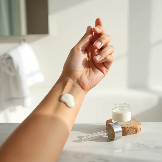 Hand applying clear scar treatment gel to a healed forearm scar with a small jar nearby
