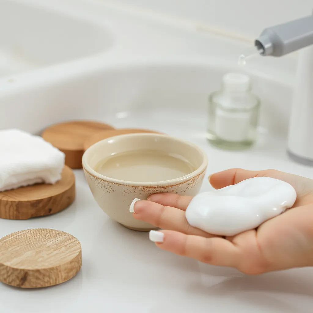 Lukewarm cleanser lather and water in a minimal skincare setup on a clean countertop