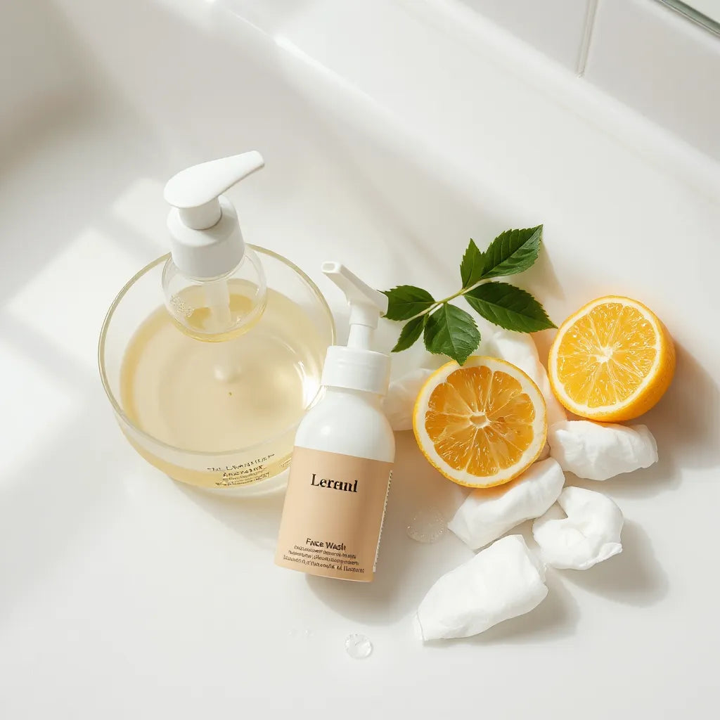 Minimal skincare setup with lukewarm water bowl and face wash bottle beside cotton pads and lemon