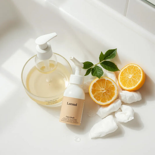 Minimal skincare setup with lukewarm water bowl and face wash bottle beside cotton pads and lemon