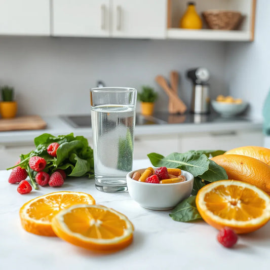 Multivitamin capsules and water beside fruits and leafy greens on a clean countertop
