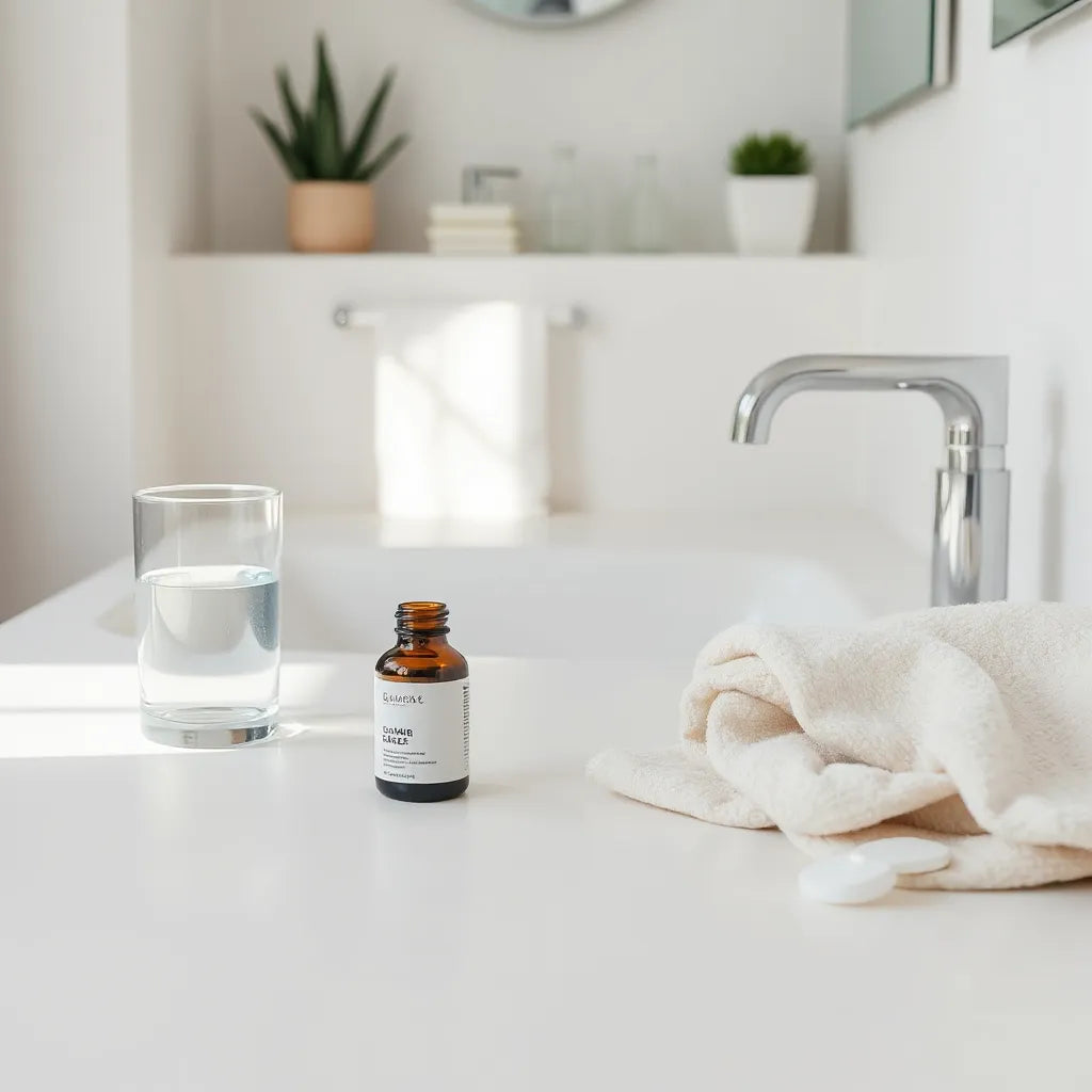 Minimal countertop with a supplement bottle and glass of water in bright natural light