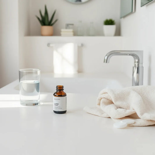 Minimal countertop with a supplement bottle and glass of water in bright natural light