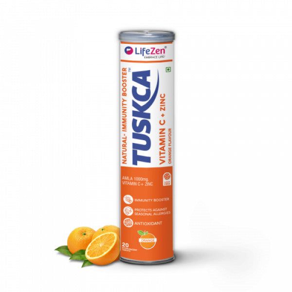 TUSKCA Vitamin C 1000 Amla + Zinc Effervescent Orange Flavor, 20 Tablets