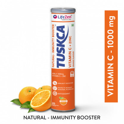 TUSKCA Vitamin C 1000 Amla + Zinc Effervescent Orange Flavor, 20 Tablets