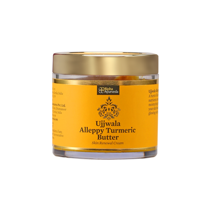 Jar of Ujjwala Alleppy Turmeric Butter with gold lid on a white background