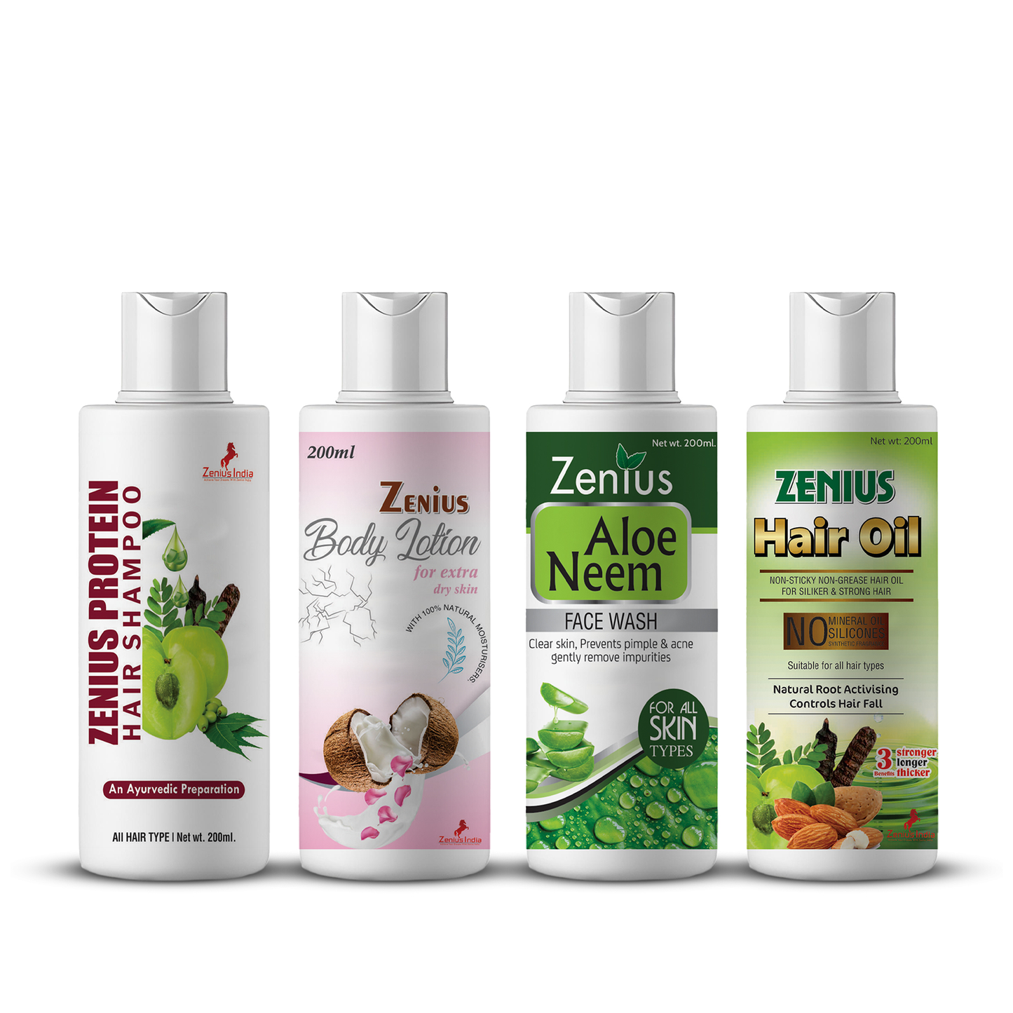 Zenius Beauty Care Kit (Shampoo - 200ml, Body Lotion - 200ml, Hair Oil - 200ml and Aloe Neem Facewash - 200ml)