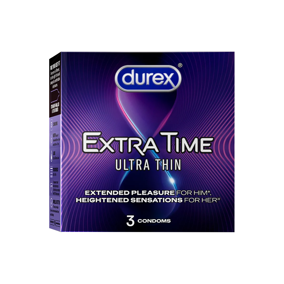 Durex Extra Time ultra thin condoms packaging on a white background