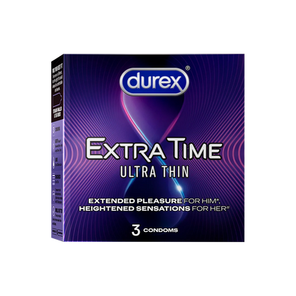 Durex Extra Time ultra thin condoms packaging on a white background