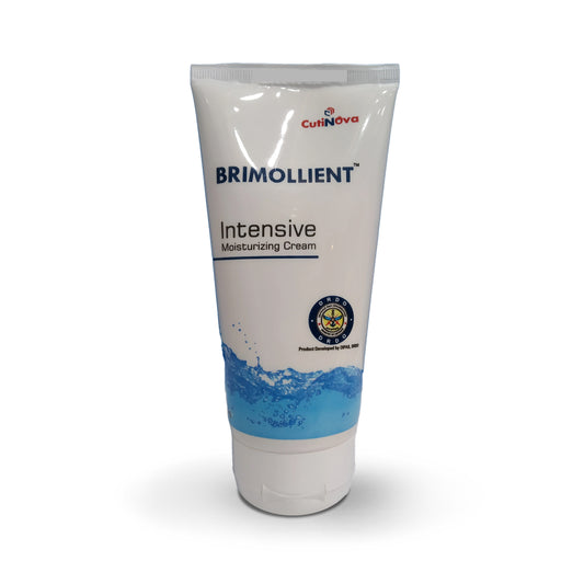A tube of Brimollient Intensive Moisturizing Cream with water droplets background.