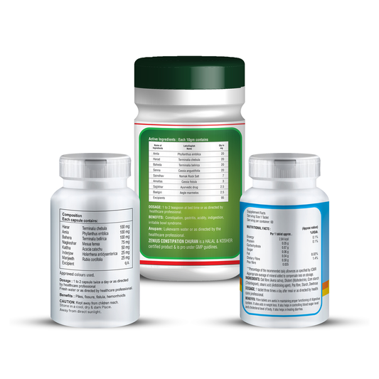 Zenius Piles Care Kit (Piles Relief, 60 Capsules & Fiber Tablets, 60s & Constipation Churan, 100gm)