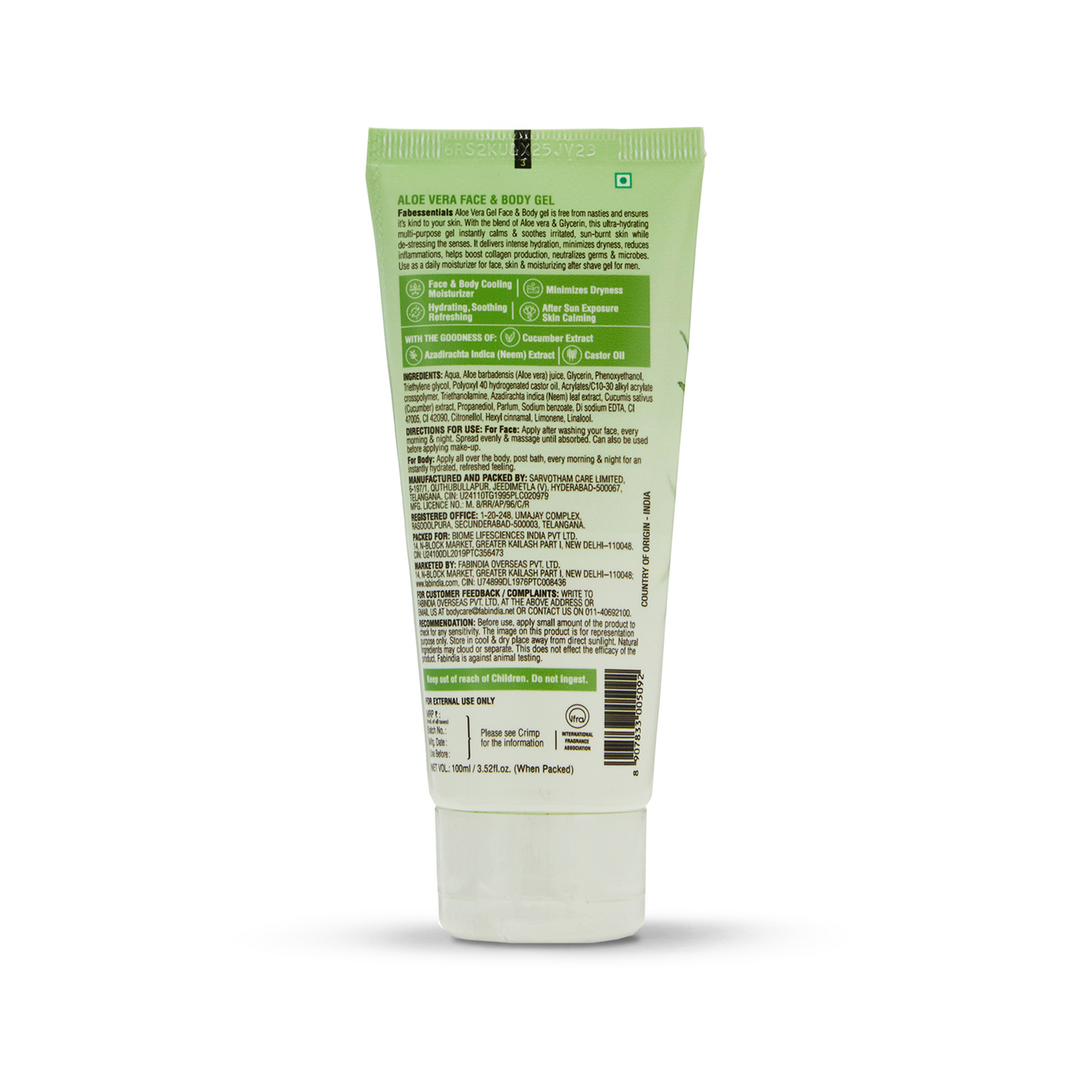 Fabessentials Aloe Vera Face & Body Gel enriched with Neem & Castor Oil, 100gm