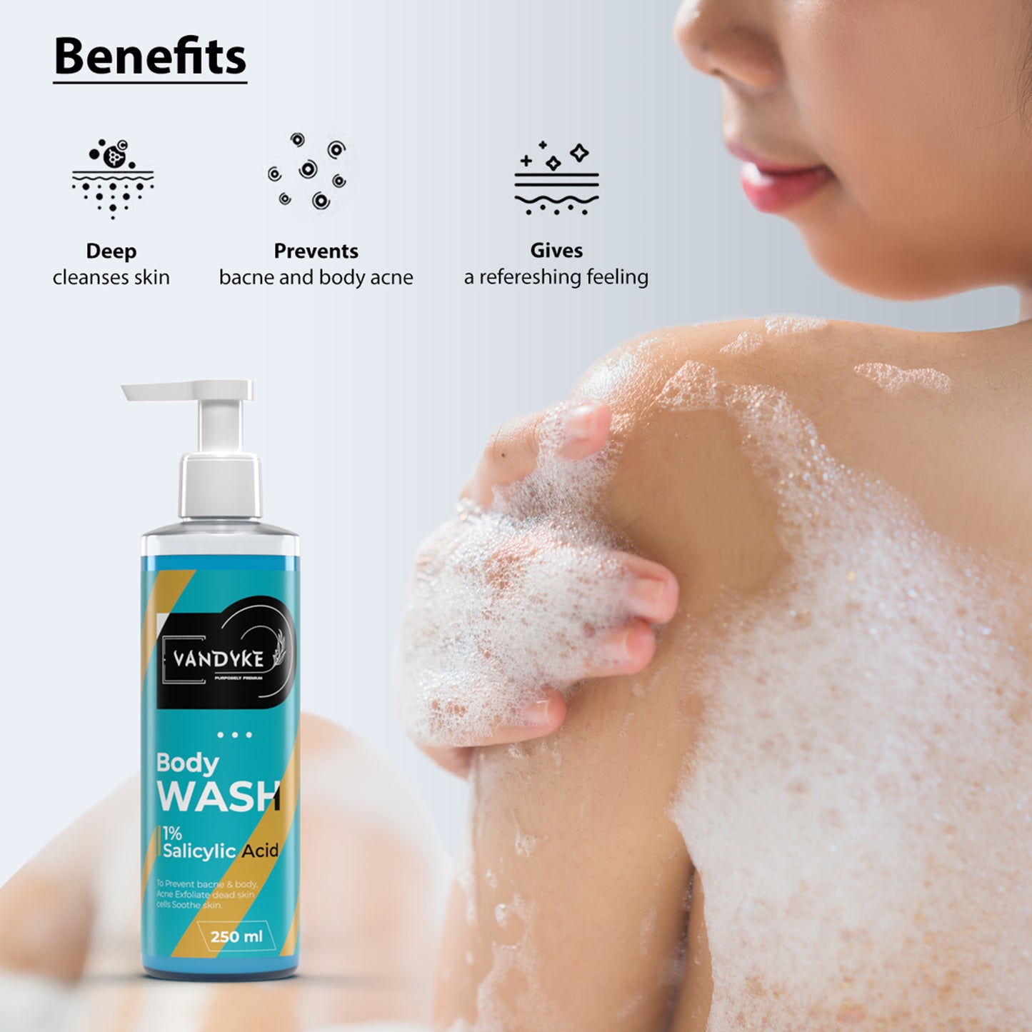 Vandyke 1% Salicylic Acid Body Wash Prevents Body Acne Paraben, SLS free Shower Gel, 250ml