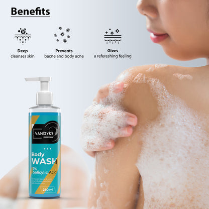 Vandyke 1% Salicylic Acid Body Wash Prevents Body Acne Paraben, SLS free Shower Gel, 250ml